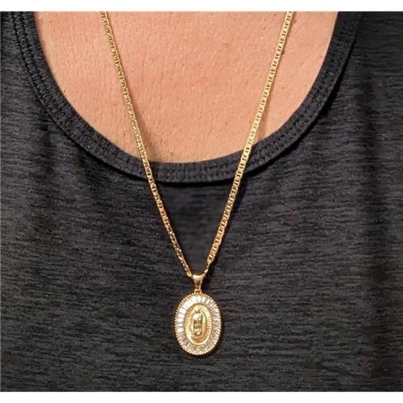 18K Gold Plated Chain Necklace With Cubic Zirconia Virgin Mary Charm Pendant - Picture 3 of 9
